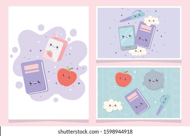 kawaii school smartphone notepad book apple juice cartoon cards vector illustration