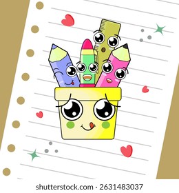 Papeterie de l'école Kawaii dans le style de dessins animés mignons. Joyeuses fournitures scolaires. Illustration dessinée à la main sur clip. Concept de la rentrée. illustration plate de l'éducation et du semestre.