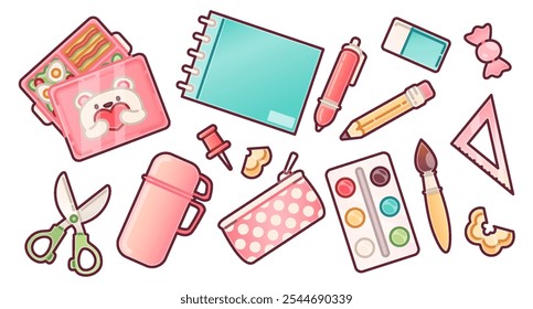 Kawaii school supplies set in pastel colors. Lunch box with food, notebook and scissors, thermos or water bottle and pencil case, paint palette with brush, ruler, pen and pencil. Education stickers.