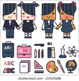 Kawaii school vector set of schoolgirls and schoolboys with education icons, isolated