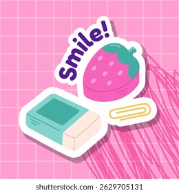 Kawaii school-themed illustration with eraser, strawberry, and paperclip on a pink grid background. Features the word “Smile!” in bold letters. Perfect for stationery, or education themes.