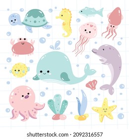 Kawaii sea animal doodles set vector illustration 