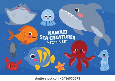 Kawaii Sea Creatures Illustration Vector Set