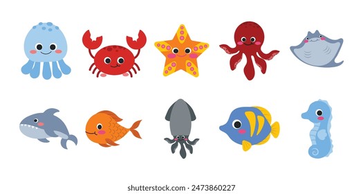 Kawaii Sea Creatures Vector Set