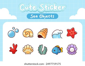 Kawaii Sea elements with sea shell and sea animal cute sticker collection