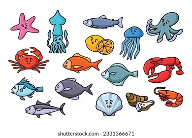 Kawaii Seafood Collection , Cute Vector Illustration