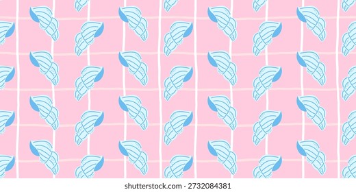 Padrão sem costura inspirado no mar Kawaii com elementos de conchas. Ideal para tecidos, papel de embrulho e desenhos de praia pastel