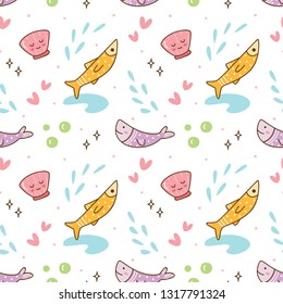 kawaii seamless background with fish and sea shells