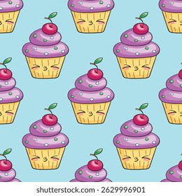 Padrão de cupcake sem costura Kawaii, personagem encantador com emoções