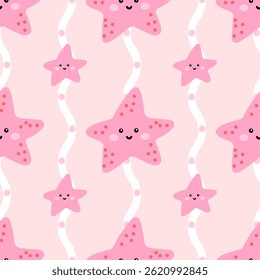 Kawaii seamless ocean pattern with starfish on a soft aquatic background. Designed for cute childrens fabric, wallpaper, and wrapping paper