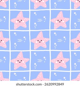 Padrão oceânico sem costura kawaii com estrelas-do-mar em um fundo aquático macio. Projetado para tecido infantil bonito, papel de parede e papel de embrulho
