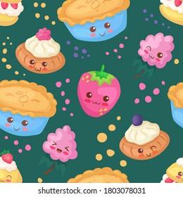Kawaii seamless pattern with Apple Pie, Zeppole Dessert, Strawberry & Raspberry characters. Cute funny & happy pastry. Smiling cartoon food background. Wrapping paper, cafe, shop, bakery menu design.