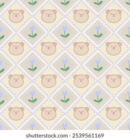 Kawaii seamless pattern with bear and tulip in rhombus cute square. Cartoon characters in pastel soft palette flowers for nursery, card, wrapping, textile, wallpaper, background, paper gif, phone case