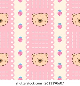 Kawaii Seamless pattern berry and strawberries in pastel colors. Vector bg for Valentine Day, children clothing, nursery items, and wrapping paper