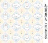 Kawaii seamless pattern with bunny rabbit and poodle puppy in rhombus cute pillows. Hand drawn cartoon characters in pastel soft palette, tulip flowers. For printing packaging, baby clothes, textiles