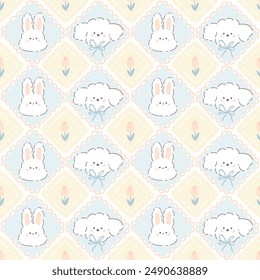 Kawaii seamless pattern with bunny rabbit and poodle puppy in rhombus cute pillows. Hand drawn cartoon characters in pastel soft palette, tulip flowers. For printing packaging, baby clothes, textiles