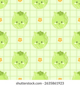 Kawaii Seamless pattern with cabbage, cute faces, and floral decor. Perfect for kids clothing, kitchen textile, wrapping paper, and organic farm designs