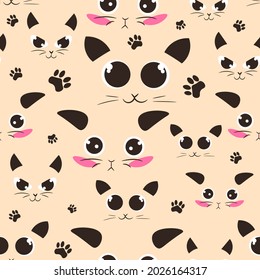 Kawaii seamless pattern with cat heads with different expressions. Repeat background with domestic animals faces and paws. Cute kitty texture with brown pets.