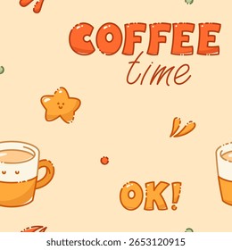 Kawaii seamless pattern with coffee time text drawn in pastel colors. Includes a cup, star and ok text.