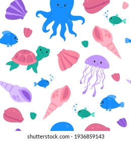 Kawaii seamless pattern with cute baby octopus, fishes and turtle. Marine life, wild ocean animals, modern trendy vector flat cartoon illustration on white background, repeat design, kids wallpaper