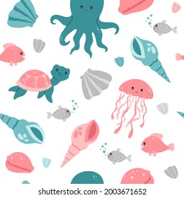 Kawaii seamless pattern with cute baby octopus, jelly fish and turtle. Sea life, wild ocean animals, modern trendy vector flat cartoon illustration on white background, repeat design, kids wallpaper