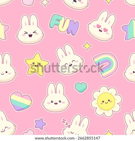 Kawaii Seamless pattern with cute bunnies, hearts, stars and rainbows. Adorable seamless kawaii pattern of: cute bunny faces, pastel hearts, stars, rainbows on a pink background