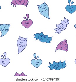Kawaii seamless pattern with cute cat, owl, bear. Vector illustration.
