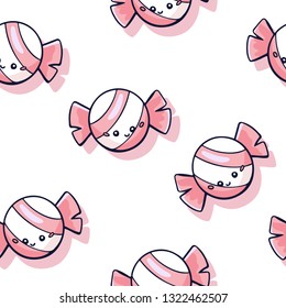 Kawaii seamless pattern with cute doodle candy.  White and pink bon-bons in cartoon style on white background. Kawaii backdrop for fabric and wrapping.