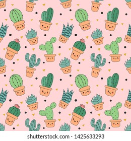 kawaii seamless pattern cute funny cactus  cartoon isolated on pink background. illustration vector.