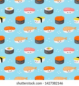 kawaii seamless pattern cute funny sushi and sashimi cartoon style isolated on blue background. illustration vector.  