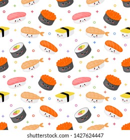 kawaii seamless pattern cute funny sushi and sashimi cartoon style isolated on white background. illustration vector.  