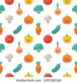 kawaii seamless pattern cute funny cartoon vegetable characters isolated on white background. illustration vector.  