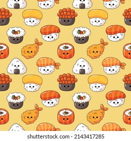 kawaii seamless pattern cute funny sushi and sashimi cartoon style isolated on yellow background. illustration vector.  