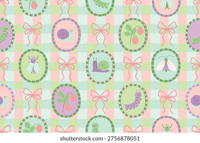 Kawaii seamless pattern with cute garden insects and bows. Cartoon snail, strawberry, fly, caterpillar, moth in oval shape frames. Tartan check background. Vector design for printing on fabric, paper.