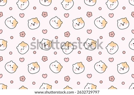 Kawaii seamless pattern with cute hamsters, hearts, and flowers on pastel pink background