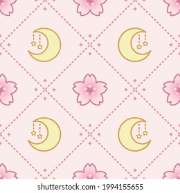 Kawaii Seamless Pattern Of Cute Moon With Pink Sakura Flower