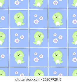 Kawaii Seamless pattern with cute pastel dinosaurs and flowers on a gingham background. Vector design perfect for baby textiles, nursery decor, and kids clothing
