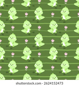 Kawaii Seamless pattern with cute pastel dinosaurs and flowers on a gingham background. Vector design perfect for baby textiles, nursery decor, and kids clothing