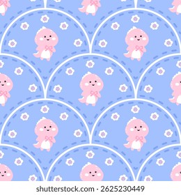 Kawaii Seamless pattern with cute pastel dinosaurs and flowers on a gingham background. Vector design perfect for baby textiles, nursery decor, and kids clothing