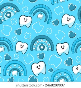 Kawaii seamless pattern with cute tooth character with cozy ranbow for dental clinic for kids, dentist theme in cartoon style ornament