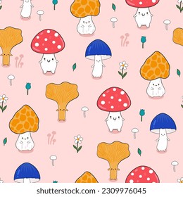 Kawaii seamless pattern with different mushrooms. Vector graphics.