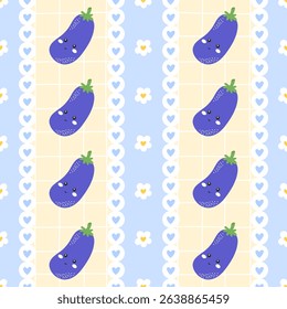 Kawaii Seamless pattern with eggplants, cute faces, and floral decor. Perfect for kids clothing, kitchen textile, wrapping paper, and organic farm designs