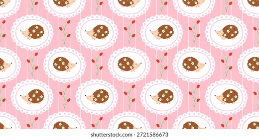 Kawaii padrão sem costura com ouriços adoráveis e flores da floresta. Design vetorial bonito perfeito para roupas de bebê com tema de floresta, têxteis e papel de embalagem inspirado na natureza