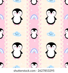 Kawaii Seamless pattern featuring cute penguins in a snowy winter setting. Vector design, perfect for winter-themed children clothing, nursery decor, and textiles