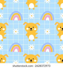Kawaii Seamless pattern featuring fluffy dog, puppies, and flowers. Vector design in pastel colors, perfect for pet-themed kids clothing, nursery decor, and textiles