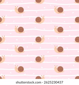 Kawaii seamless pattern featuring hand-drawn snails, garden plants, and pastel colors. Ideal for children clothing, nursery decor, and gift wrap