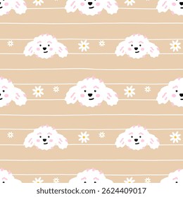 Kawaii Seamless pattern with fluffy puppies, pastel flowers. Cute vector design perfect for kids textiles, wallpaper, and gift wrap