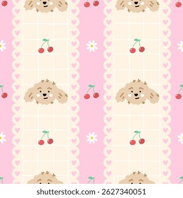 Kawaii Padrão sem emenda com cachorrinhos fofos, flores pastel. Design de vetor bonito perfeito para crianças têxteis, papel de parede e envoltório de presente