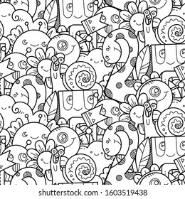 Kawaii seamless pattern of friendly doodle monsters,cute and fun variety of colors animals. Vector background for coloring pages