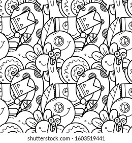 Kawaii seamless pattern of friendly doodle monsters,cute and fun variety of colors animals. Vector background for coloring pages